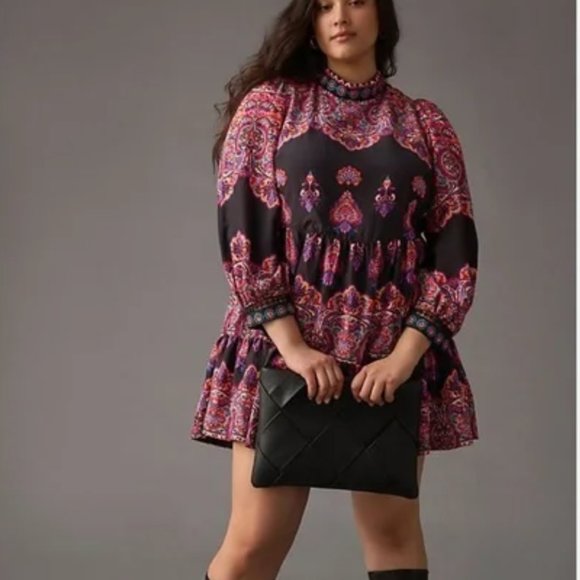 NWT Anthropologie Mini Dress Boho Beaded High Neck Pink & Brown Size 0 - Picture 6 of 15